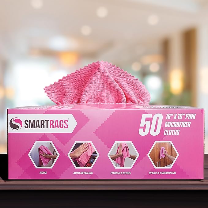 Arkwright Smart Rags Microfiber Cleaning Cloths, Pack of 50 in a Box, Lint Free 215 GSM Reusable Towels for Auto, Office and Household Cleaning, 16 x 16 in, Pink