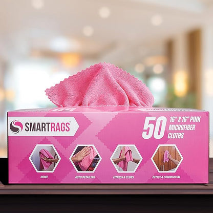 Arkwright Smart Rags Microfiber Cleaning Cloths, Pack of 50 in a Box, Lint Free 215 GSM Reusable Towels for Auto, Office and Household Cleaning, 16 x 16 in, Pink