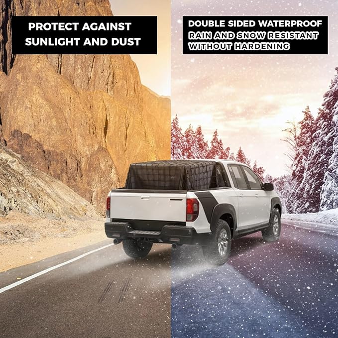 Breling 4 in 1 Cargo Net for Pickup Truck Bed 4'x4' Stretches 8'x8' with Black Waterproof Pickup Truck Bed Tarp 5'x5' Heavy Duty Cargo Net Cover and Tie Down System 12 Clips 1 Bag for SUV Trailer