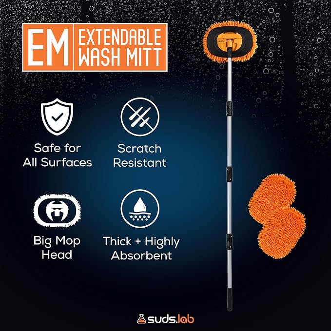 Suds Lab EM Extendable Wash Mitt with 170° Telescopic Handle – 58" Car Wash Mop with 2 Scratch-Free Chenille Microfiber Car Washing Mitts for SUVs, RVs and Trucks