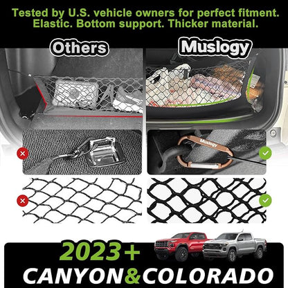 Muslogy Truck Bed Cargo Net Trunk Netting Compatible with Chevrolet Colorado & GMC Canyon 2026 2025 2024 2023 Accessories, Pickup Cargo Organizer SUV Sedan Storage Net w/Heavy Duty Carabiners