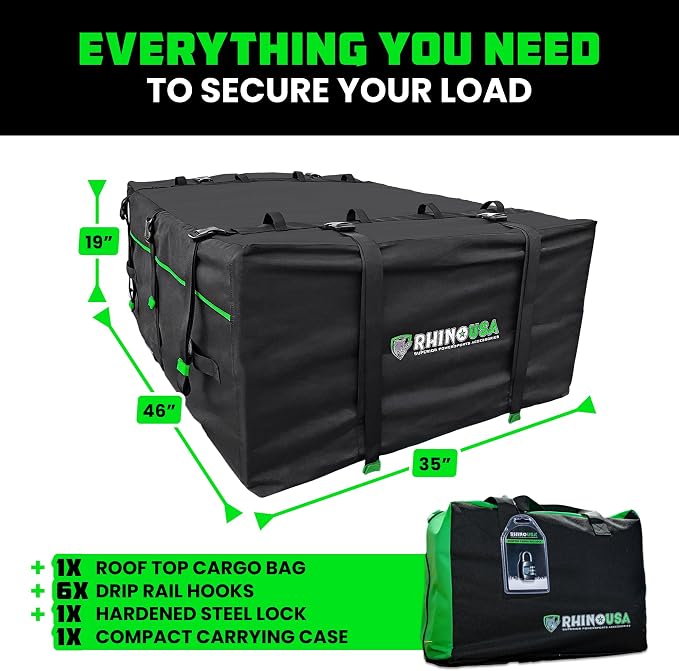 Rhino USA Rooftop Cargo Carrier for Car Storage (17.7 Cubic Feet) Heavy Duty Waterproof Roof Top Bag with Industrial Grade Zippers - Used for All Vehicle with/Without Rack Carriers - Lock Included
