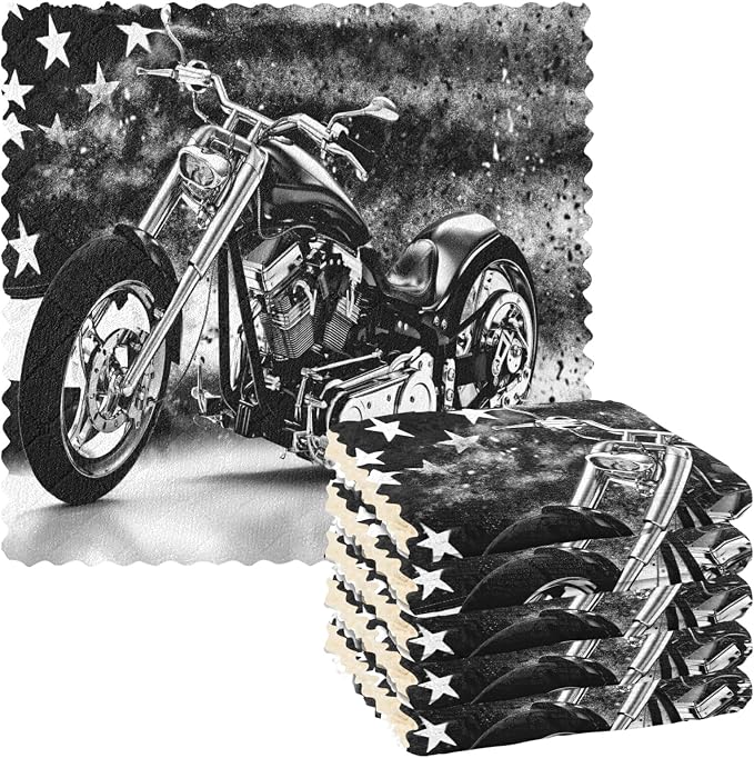 Vintage Retro Black Motorcycle with Vintage Old American Flag 6 Set Kitchen Dish Towels, Washcloths Cleaning Cloths Dish Cloths, Absorbent Towels Lint Free Bar Tea Soft Waffle Towel 11"x11"