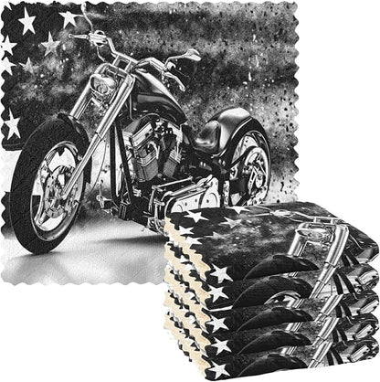 Vintage Retro Black Motorcycle with Vintage Old American Flag 6 Set Kitchen Dish Towels, Washcloths Cleaning Cloths Dish Cloths, Absorbent Towels Lint Free Bar Tea Soft Waffle Towel 11"x11"