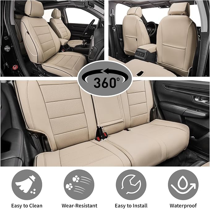EKR CRV Seat Covers Custom Fit for Honda CRV 2023 2024 2025 2026 Leather Car Seat Cover Full Set for Trucks SUV,Waterproof Car Seat Cushion,Faux Leather (Beige)