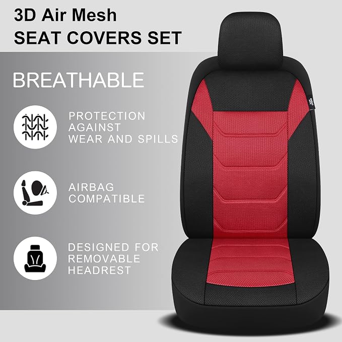 Pariiaotin 3D Air Mesh Car Seat Cover Full Sets Washable and Breathable Premium Cloth Automotive Vehicle Seat Covers for Cars Interior, Universal Fit for Most Cars, Sedan, Truck, SUV(Black/Red)