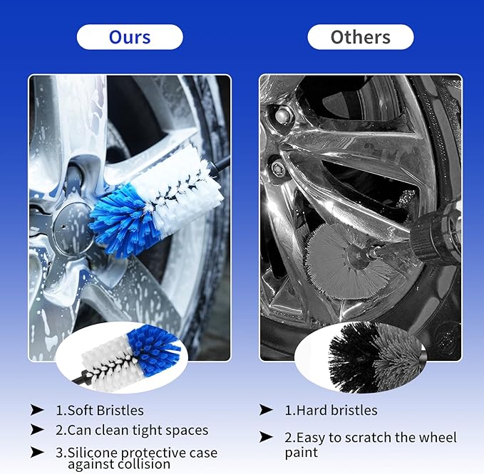 Wheel Brush, Soft Drill Wheel Cleaner Brush, Drill Brush for Car Wheel, No Scratches Highly Dense and Durable Car Wheel Brush Rim Tire Car Cleaning Brush for Wheels, Rims, Engines, Exhaust