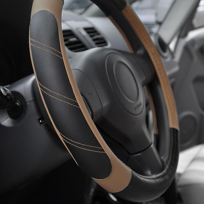Elantrip Leather Steering Wheel Cover 14 1/2 to 15 inch Universal Padded Soft Grip Breathable for Car Truck SUV Jeep Anti Slip Brown
