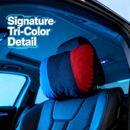 Car Headrest Pillow for BMW, mTricolor Stripe Design with Microfiber Suede Cover, Neck Cushion with High-Resilience Foam for Driving Comfort