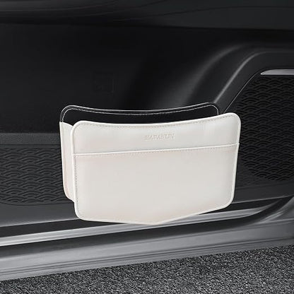 Car Trash Can Small Leather Vehicle Trash Bin Car Dustbin Garbage Organizer Holder with Trash Bag Foldable Mini Cars Storage Bag Container for Auto SUV Van Trucks (White,Clip on)