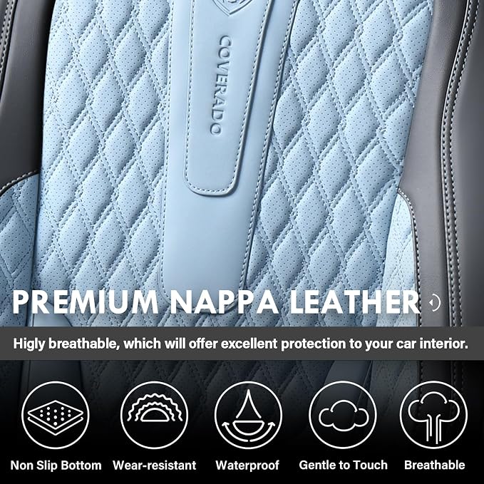 Coverado Car Seat Covers Front, Nappa Leather Seat Covers for Cars, Waterproof Seat Covers with Lumbar Support, Automotive Seat Covers Universal Fit for Most Cars SUV Trucks (Front, Black-Blue)