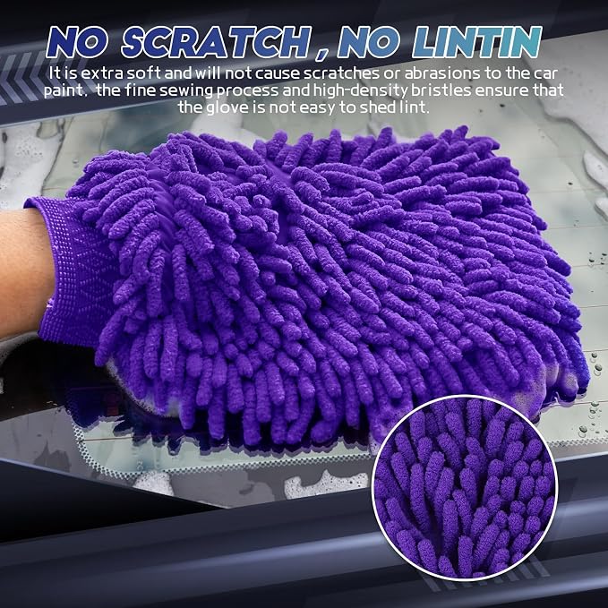 wuyaoyao 2PCS Car Wash Mitt, 10.14"×7.12" Chenille Microfiber Car Wash Mitts, Scratch-Free & Lint-Free, Absorbent Double Sided Clean Glove for Cars Cleaning, Auto Cleaning Supplies (Dark Purple)