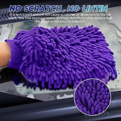 wuyaoyao 2PCS Car Wash Mitt, 10.14"×7.12" Chenille Microfiber Car Wash Mitts, Scratch-Free & Lint-Free, Absorbent Double Sided Clean Glove for Cars Cleaning, Auto Cleaning Supplies (Dark Purple)