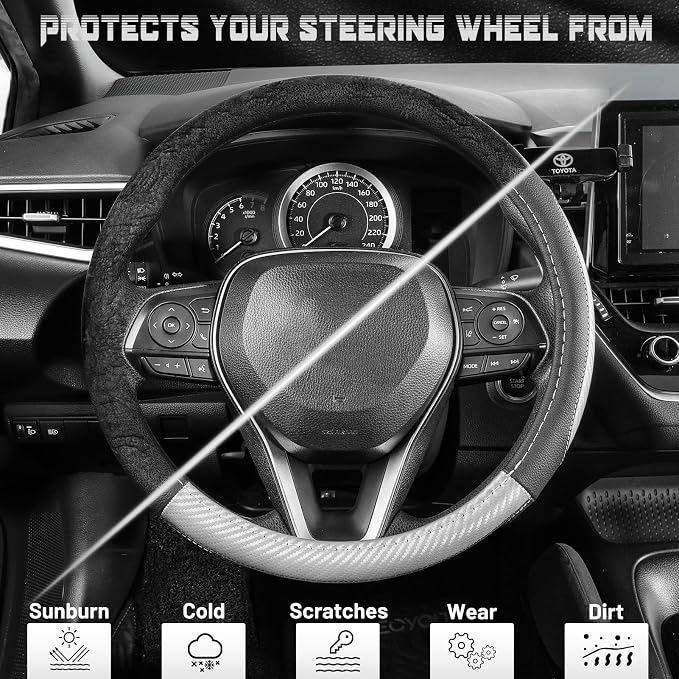 SEG Direct Car Steering Wheel Cover for F-150 Tundra Range Rover 15.5-16 inch, Auto Interior Accessories, Black with Sliver Carbon Fiber Pattern