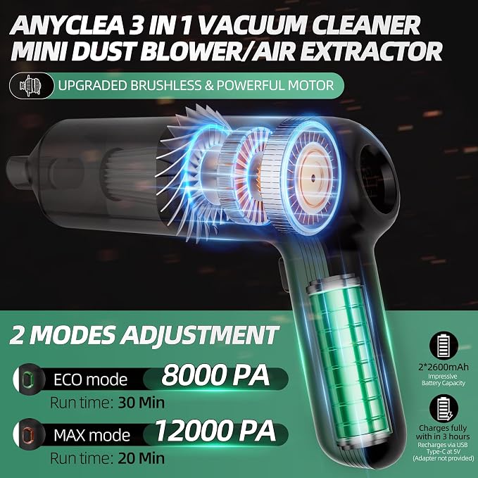 Handheld Vacuum Cordless, 12000Pa Strong Suction Hand Car Vacuum Portable Cordless Rechargeable, Mini Vacuum with Multi-Nozzles & Washable Filter for Car, Home, Office, Pet