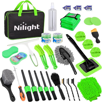 Nilight 37PCS Car Detailing Kit Auto Cleaning Tools Wash Set with Storage Carry Bag Home Use for Interior Exterior Deep Clean Car Care Windshield Dashboard Seat Air Vents Wheels Tires, Green