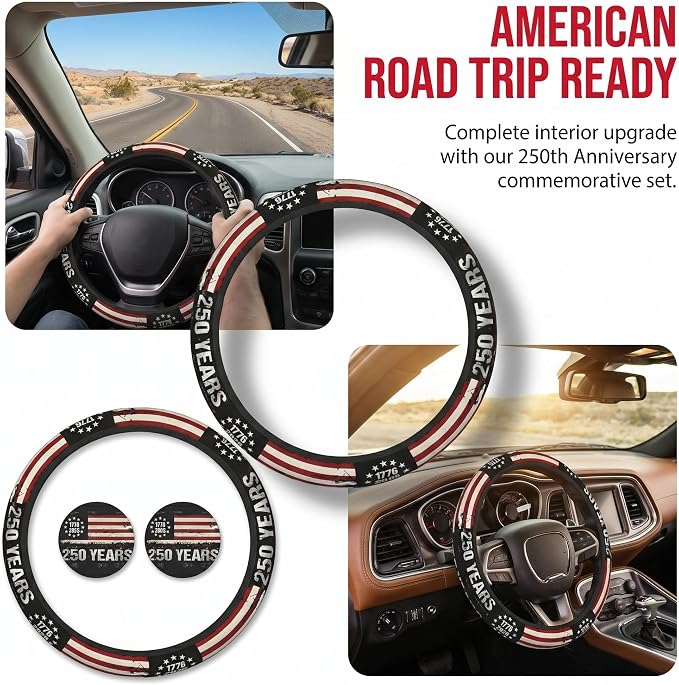 Anniversary American Flag Steering Wheel Cover 14-15 Inch +2Pc Car Coasters | Universal Anti-Slip Breathable for Men Women | Patriotic Car Accessories USA Flag Auto Interior Decor Gift