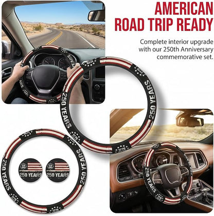 Anniversary American Flag Steering Wheel Cover 14-15 Inch +2Pc Car Coasters | Universal Anti-Slip Breathable for Men Women | Patriotic Car Accessories USA Flag Auto Interior Decor Gift