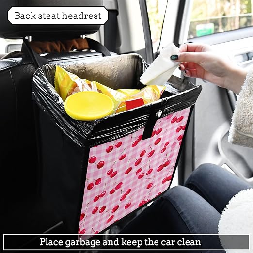 Car Trash Can Organizer Bin with Adjustable Strap for Back Front Seat Console Waterproof Leakproof Collapsible Portable 11 Inch Pink Juicy Checkered Cherry