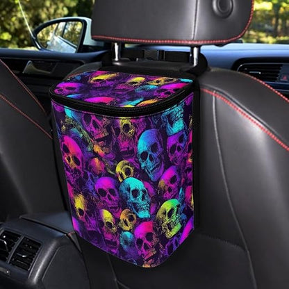 Talayituse Colorful Skull Print Car Trash Bin, Large Size Auto Trash Can Adjustable Portable Garbage Can with Lid, Vehicle Hanging Bag for Headrest Front Back Seat