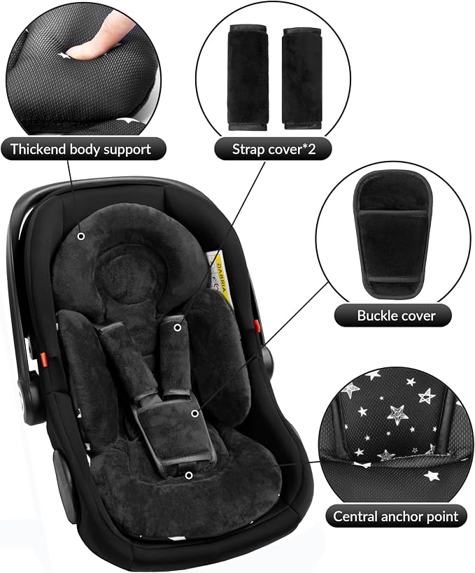 TinlyFinly Newborn Car Seat Insert, Head and Body Support, Reversible Infant Insert Compatible with Baby Carseat, Stroller, Mamaroo Swing, Rocker, Bouncer. Baby Car Seat Cushion - Black
