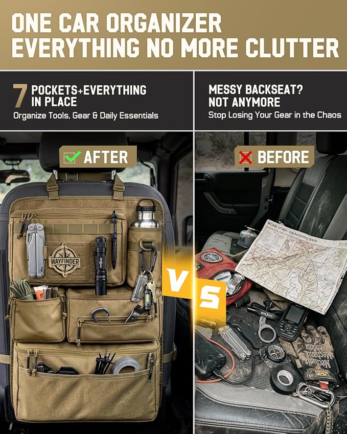 All in One Car Seat Back Organizer, Heavy Duty Molle Panel Seat Back Protector with Multi-Pockets Storage for Tools, Camping, Travel, Fit Most Cars SUV Trucks Jeeps Pickups