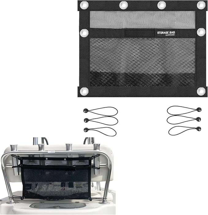 Upgrade Boat Storage Bag,Mesh Suspended Storage Organizer, Cargo Net Pocket Organizer Pouch Bag,Boat,Truck SUV Travel Long Road Trip Camping Interior Accessories with 6 pcs Elastic Ring (16 INCH)