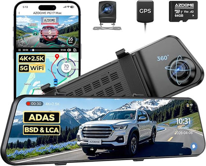 AZDOME 4K+2.5K Mirror Dash Cam with AR effects, ADAS, BSD & LCA Rear View Mirror Camera, 12" Rearview Mirror Camera, 5.8GHz WiFi, Voice Control, GPS, backup camera mirror Includes 64GB Card (PG17 Max)