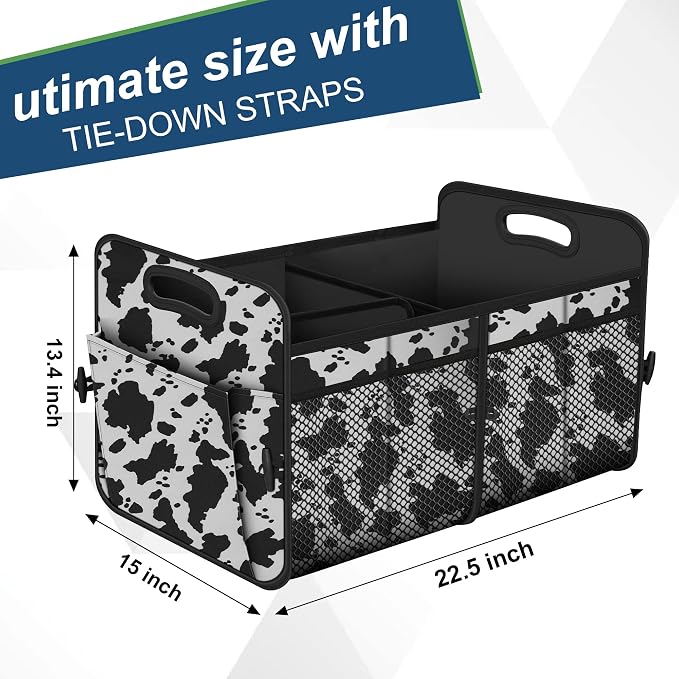 Femuar Car Trunk Organizer,Car Storage Organizer with 72L Large Capacity Waterproof Collapsible and 11 Pockets,Trunk Organizer for Car Suv/Jeep/Sedan, Large Size, Cow print