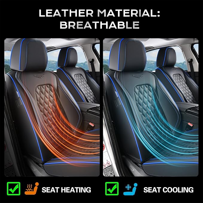 Coverado Front Car Seat Covers, Non-Slip Dust-Proof Nappa Leather, Universal Fit for Cars & Pickup Trucks, Waterproof Car Seat Protectors, Black & Blue Design for Sedans & SUVs