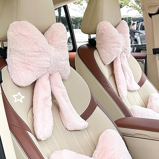 Car Neck Pillow 2PCS Plush Bowknot Car Headrest Pillow – Comfortable Neck Support for Driving Soft Touch Fabric Car Pillow Cute Interior Decor (Pink)