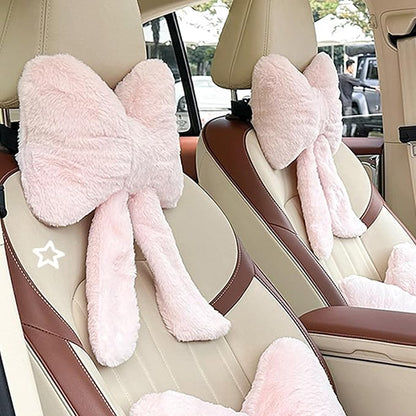 Car Neck Pillow 2PCS Plush Bowknot Car Headrest Pillow – Comfortable Neck Support for Driving Soft Touch Fabric Car Pillow Cute Interior Decor (Pink)