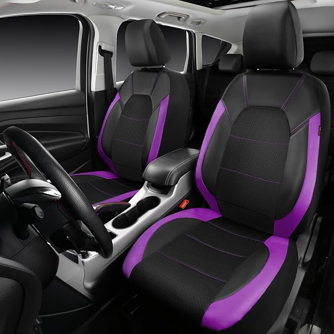 CAR PASS Leather Car Seat Covers Front Seats only, with Air Mesh Front Seat Covers Breathable, Cool Automotive Seat Covers 2 Pack, Universal Fit Most Cars,SUV,Truck,Van Airbag Compatible(Black Purple)