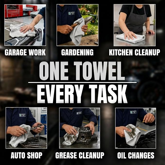 Shop Towels (White, 150-Pack) - Bulk Cleaning Towel in a Bag, Mechanic Cotton Wipes for Car Maintenance, Auto Mechanics & Garage, Wipe Grease & Oil, Machine Wash & Reusable