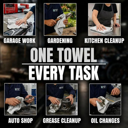 Shop Towels (White, 25-Pack) - Bulk Cleaning Towel in a Bag, Mechanic Cotton Wipes for Car Maintenance, Auto Mechanics & Garage, Wipe Grease & Oil, Machine Wash & Reusable