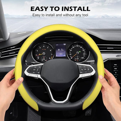 Frani Nappa Leather Steering Wheel Cover,Universal Fit 15 Inch-Premium Non-Slip Breathable Comfort Grip for Cars Trucks SUVs,Anti-Slip Durable Interior Upgrade Lemon Yellow