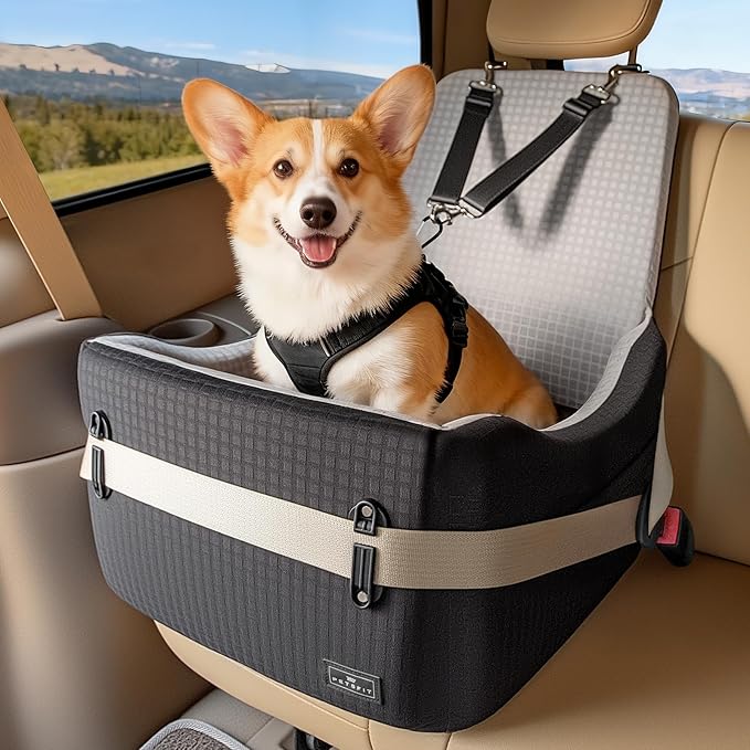 PETSFIT Dog Car Seat for Small/Medium Dogs Up to 35 lbs – Patented Safety System, 5" Memory Foam Pet Booster Car Seat, Fully Detachable and Washable Dog Carseat with 2 Storage Pockets (Black & Grey)