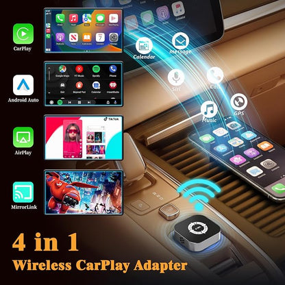 4 in 1 Screen Mirroring Wireless CarPlay Adapte, 2026 Upgraded Wired to Wireless for Apple CarPlay & Android Auto & AirPlay & MirrorLink, Mini USB Car Play Adapter with Type-C Extension, Plug and Play