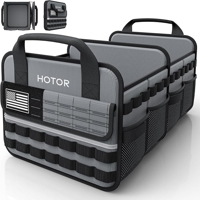 HOTOR Tactical Car Trunk Organizer - Foldable Trunk Organizer for SUV with Front MOLLE Pocket & Reflective Strips, Essential Car Accessories for Tools & Outdoor Storage, 12.8" x 21.7" x 11.0", Grey