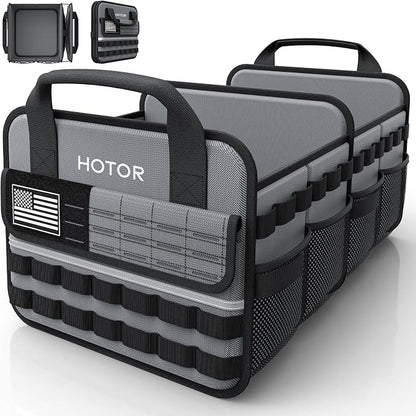 HOTOR Tactical Car Trunk Organizer - Foldable Trunk Organizer for SUV with Front MOLLE Pocket & Reflective Strips, Essential Car Accessories for Tools & Outdoor Storage, 12.8" x 21.7" x 11.0", Grey