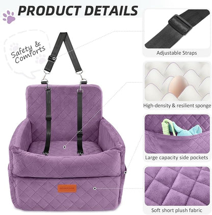 HEGGCOOE Small Dog Car Seat, Memory Foam Dog Booster Seats with Thick Cushion for Medium Dogs Under 35lbs, Detachable Washable Pet Car Seat Bed with Storage Pockets,2 Safety Belts Purple