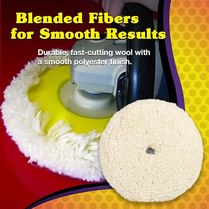 Wizards Finish Cut Buffing Pad - Velcro Backed, Blended Wool and Polyester, One-Step Buffer for Car Detailing - Cutting and Finishing Pad in One for Auto Detailing Supplies - 7½" x 1½"