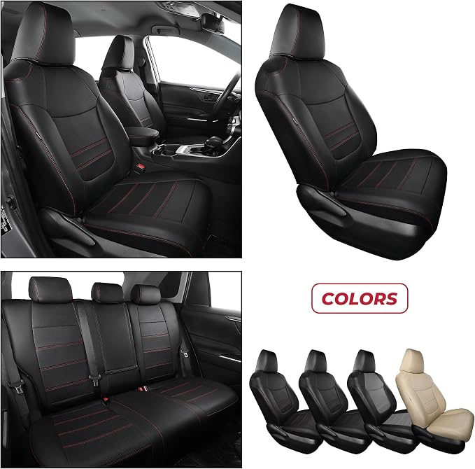 FREESOO RAV4 Seat Covers Full Set Custom Fit for Toyota Rav4(Gasoline) 2019 2020 2021 2022 2023 2024 2025 LE/XLE/XLE Premium/Limited, Faux Leather Car Seat Cover, Airbag Compatible, Black Red