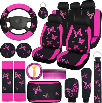 BBTO 43 Pcs Butterfly Car Seat Full Set Butterfly Car Accessories for Women 5 Front Rear Seat Covers Wrist Strap 2 Pcs Cup Mat Armrest Pad 2 Belt Xmas Cover Accessories for SUV(Rose, Black)