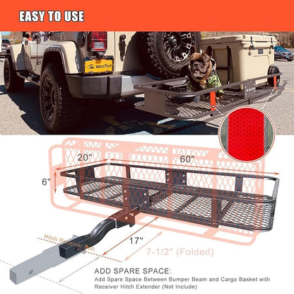 Hitch Mount Cargo Carrier Basket 60"*20"*6"+Waterproof Bag 16 Cubic Feet(58"*19"*24"),and Cargo Net with Attachment Hooks,Ratchet Straps,Hitch Stabilizer.500 Lbs Capacity,Foldable,fit 2" Receiver