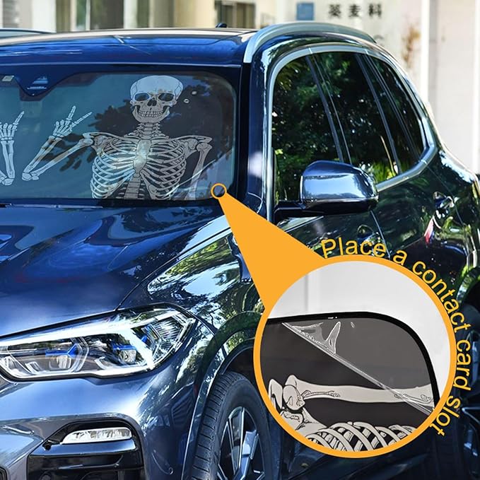 Funny Skull Car Windshield Sunshade - Skeleton Car Shade Skull Sun Shade Black Blocks UV Rays Visor Protector Accordion Folding Sun Reflector Auto Sunshade for Truck SUV to Keep Your Vehicle Cool