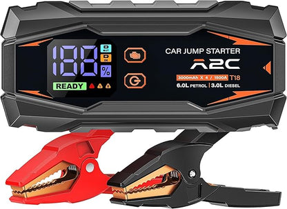 A2C Portable Jump Starter, 12V Auto Battery Booster, Power Bank, LED Light | Fits 6.0L Gas/3.0L Diesel. Features QC3.0 fast charging, smart safety clamps (short/reverse protection), & 3 lighting modes.