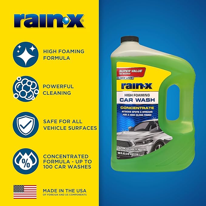 Rain-X 620191 Car Wash - 100 fl oz. High-Foaming, Concentrated Formula for Greater Cleaning Action, Safely Lifting Dirt, Grime and Residues for an Exceptional Clean