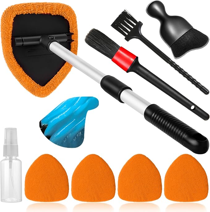 Qydipclin 10pcs Windshield Cleaner Tool, Car Window Cleaning Wash Kit with 4 Reusable Microfiber Pads 1 Spray Bottle and Extendable Handle Auto Glass Wiper Kit, Orange