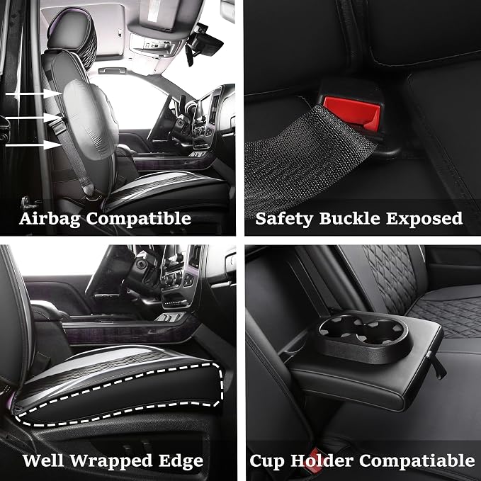 JOJOBAY Chevy Silverado Seat Covers,Leather Seat Covers for GMC Sierra,Custom Fit 2007-2026 1500 2500HD 3500HD Crew Double Extended Regular Cab,LT LZT RST Trail Boss(Full Set,Black White)